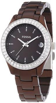 Fossil Ladies Mini Stella Aluminium Watch Es2963 with Brown Dial, Stone Encrusted Topring, Brown IP Case and Bracelet