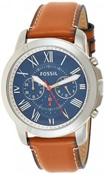 Fossil Men's 44mm Silvertone Grant Watch With Light Brown Leather Strap