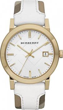 Burberry BU9015 Women's Swiss Heymarket Check Fabric and White Leather Band White Dial Watch