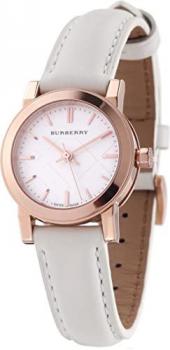 Burberry Women Watch The City Round Rose Gold Silver Dial White Leather Band 26mm BU9209