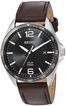 Seiko Men's Analog Japanese Quartz Watch with Leather Calfskin Strap SNE487