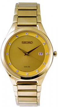 Seiko Mens Solar Powered Gold Plated Wrist Watch with Diamonds SNE384P9