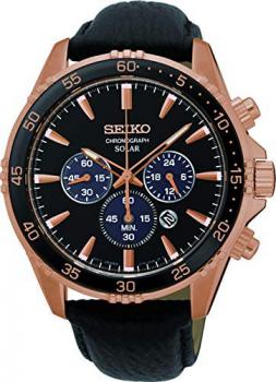 SEIKO Mens Chronograph Solar Powered Watch with Leather Strap SSC448P1