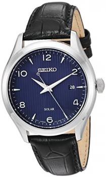 Seiko Men's Analog Japanese Quartz Watch with Leather Calfskin Strap SNE491