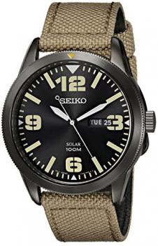 Seiko Men's SNE331 Sport Solar Black Stainless Steel Watch with Beige Nylon Band