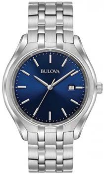 Bulova Classic Blue Dial and Date Display, Japan Quartz Stainless Steel Bracelet Men's Dress Watch