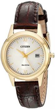 Citizen Watch women's Eco Drive Watch with Gold Dial analogue Display and brown leather Strap FE1082-05A