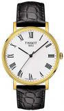 Tissot Mens T-Classic Everytime Medium Gold Plated White Dial Black Leather Strap Watch T109.410.36.033.00