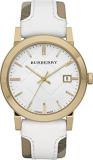Burberry BU9015 Women's Swiss Heymarket Check Fabric and White Leather Band White Dial Watch