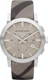 Burberry The City LUXURY Unisex Mens Womens Chronograph Watch Smoke Check Fabric Backed Leather Band Tan Engraved Date Dial BU9358