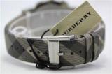 Burberry The City LUXURY Unisex Mens Womens Chronograph Watch Smoke Check Fabric Backed Leather Band Tan Engraved Date Dial BU9358