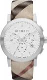 Burberry Unisex Men Women Watch The City Swiss Luxury Round Stainless Steel Chronograph White Date Dial Nova Check Fabric (Authentic Leather Backed) Band 42mm BU9357