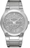 Harley-DavidsonÂ® BulovaÂ® Men's Watch. Silver patterned dial with raised H-DÂ® Logo. Luminous. All stainless steel. WR50m/165ft. 76A134