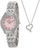 Bulova Ladies' Pink Dial Crystal Watch &amp; Heart Necklace Set 96X124