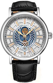 Stuhrling Original Mens Day/Night Dress Watch - Stainless Steel Case and Leather Band - Analog Dial with Date and Day/Night Complication Duet Mens Watches Collection