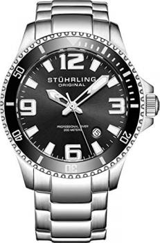 Stuhrling Original Mens Swiss Quartz Stainless Steel Sport Analog Dive Watch, Water Resistant 200 Meters, Black Dial, Aqua-Diver (Black)