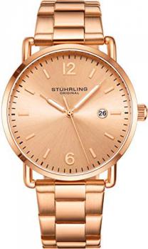 Stuhrling Original Mens Watch Leather or Bracelet Watch Band Silver Dial with Date Minimalist Style 38mm Case - 3901 Watches for Men Collection (Rose Gold)