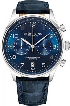 Stuhrling Original Mens Quartz Chronograph Dress Watch - Stainless Steel Case and Leather Band - Analog Dial with Date GR1-Q Mens Watches Collection
