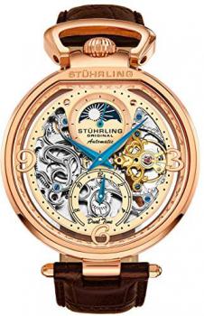 St&uuml;hrling Original Mens Skeleton Watch Dial Automatic Watch with Calfskin Leather Band and - Dual Time, AM/PM Sun Moon