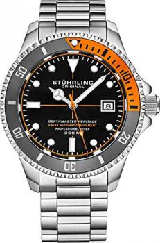 Mens Swiss Automatic Stainless Steel Professional&quot;DEPTHMASTER&quot; Dive Watch, 200 Meters Water Resistant, Brushed and Beveled Bracelet with Divers Safety Clasp and Screw Down Crown