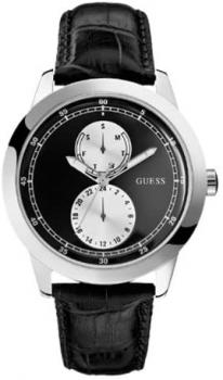 Guess Diameter Men's Quartz Watch with Black Dial Analogue Display and Black Leather Strap W75065G1