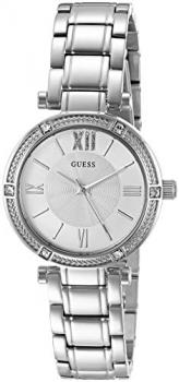 GUESS Women's Dressy Watch with White Dial, Crystal-Accented Bezel and Stainless Steel Pilot Buckle