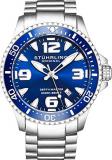 Stuhrling Original Blue Dial Professional Divers Watches for Men Collection Swiss Quartz 200 Meter Water Resistant Solid Stainless Steel Bracelet Screw Down Crown Sport Dress Watch