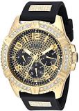 GUESS Comfortable Gold-Tone Black Stain Resistant Silicone Watch with Crystal Em...