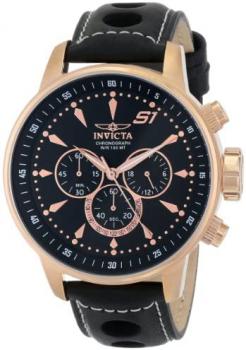 Invicta S1 Speedway Men's Quartz Watch with Black Dial Chronograph Display and Black Leather Strap in Rose Gold Plated Stainless Steel Case 16013
