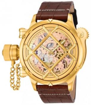 Invicta Men's Russian Diver Mechanical Watch with Gold Dial Analogue display on Brown Leather Strap 14623