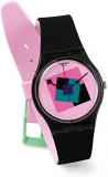 Swatch Women's 34mm Black Rubber Band Plastic Case Quartz Pink Dial Analog Watch GA109