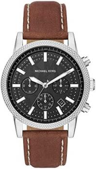 Michael Kors Watch for Men Hutton, Chronograph Movement, 43 mm Silver Stainless Steel Case with a Leather Strap, MK8955