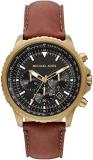 Michael Kors Watch for Men Cortlandt, Chronograph Movement, 44 mm Gold Stainless Steel Case with a Leather Strap, MK8906