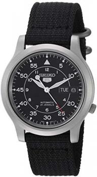 Seiko 5 Men's Automatic Watch with Black Dial Analogue Display and Black Fabric Strap SNK809K2