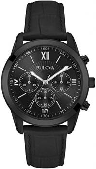 Bulova 98A152 Men's Classic Chronograph Black Dial Black Leather Strap Quartz Watch