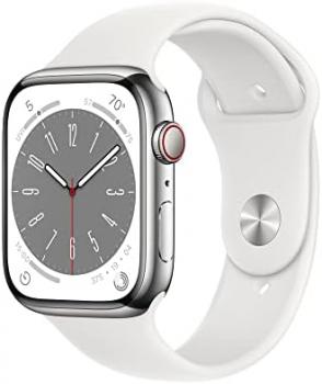 Apple Watch Series 8 (GPS + Cellular 45mm) Smart watch - Silver Stainless Steel Case with White Sport Band - Regular. Fitness Tracker, Blood Oxygen & ECG Apps, Water Resistant