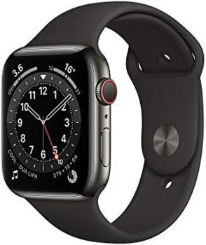 Apple Watch Series 6 GPS + Cellular, 44mm Graphite Stainless Steel Case with Black Sport Band - Regular