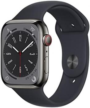 Apple Watch Series 8 (GPS + Cellular 45mm) Smart watch - Graphite Stainless Steel Case with Midnight Sport Band - Regular. Fitness Tracker, Blood Oxygen & ECG Apps, Water Resistant
