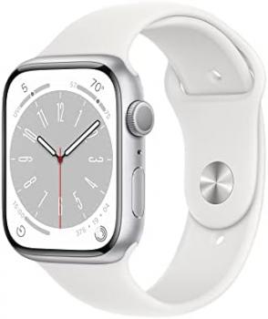 Apple Watch Series 8 (GPS 45mm) Smart watch - Silver Aluminium Case with White Sport Band - Regular. Fitness Tracker, Blood Oxygen & ECG Apps, Water Resistant