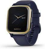 Garmin Venu Sq Music Edition, GPS Smartwatch with All-day Health Monitoring and Fitness Features, Built-in Sports Apps and More, Light Gold with Navy Silicone Band (Refurbished)