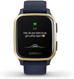 Garmin Venu Sq Music Edition, GPS Smartwatch with All-day Health Monitoring and Fitness Features, Built-in Sports Apps and More, Light Gold with Navy Silicone Band (Refurbished)