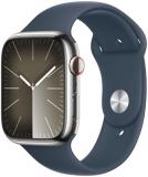 Apple Watch Series 9 [GPS + Cellular 45mm] Smartwatch with Silver Stainless steel Case with Storm Blue Sport Band M/L. Fitness Tracker, Blood Oxygen & ECG Apps, Water Resistant
