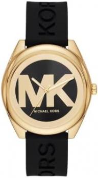 Michael Kors MK7313 Black Gold Tone Logo Dial Black Silicone Band Women's Watch, Black