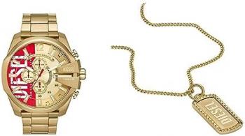 Diesel Men's Watch Mega Chief and Dog Tag Necklace - Chronograph, Gold-Tone Stainless Steel