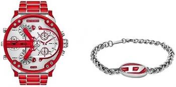 Diesel Men's Watch Mr Daddy 2.0 and Chain Bracelet - Two-Hand Movement, Red Enamel Stainless Steel