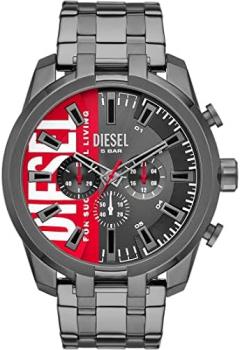 Diesel Watch for Men Spiked, Chronograph Movement, 49mm Silver Stainless Steel case with a Leather Strap, DZ4606