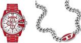 Diesel Men's Watch Mega Chief and Chain Necklace - Chronograph Movement, Red Enamel Stainless Steel Watch