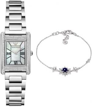 Emporio Armani Women's Silver-Tone Stainless Steel Watch and Sterling Silver Bracelet, Set