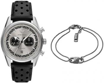 EMPORIO ARMANI Men's Black Leather Watch and Bracelet Stainless Steel, Set