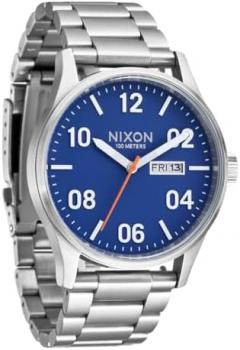 Nixon Sentry SS Stainless Steel Day/Date 42mm WR 100 Meters Mens Watch A356, Silver / Cobalt, One Size, Sentry SS